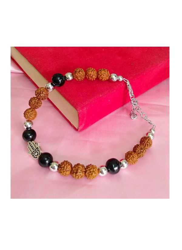 Stylish  Hamsa Hand Black Quartz Rudraksha Bracelet